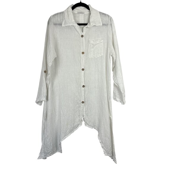 Made In Italy Tops - Made in Italy White Linen Button-Down Tunic Top Women's Medium Asymmetrical Hem
